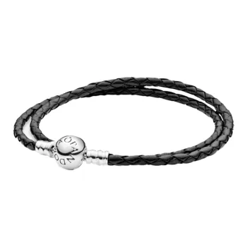 Pandora Moments Women's Black Leather Double Loop Bracelet