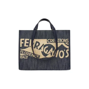 FERRAGAMO Denim Tote Bag, Shopping Bag, Shoulder Bag, Handbag Medium Size Women's Denim & Natural
