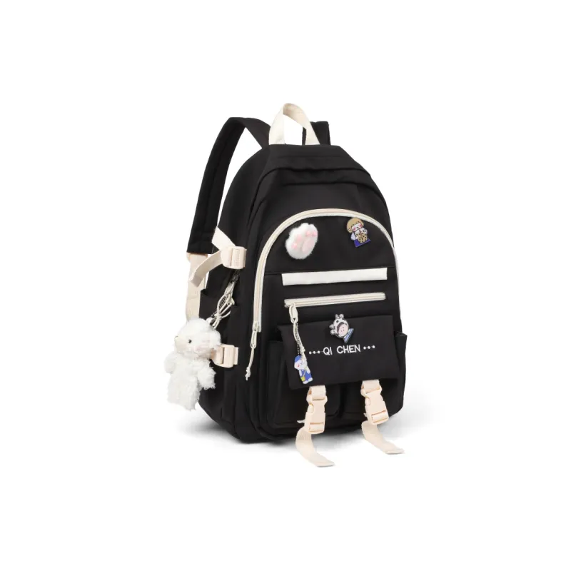 Kevin Cohen Nylon Fabric Backpack Travel Bag Regular Unisex Ecru & Purple/Black/Pink-4