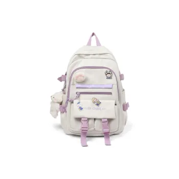 Kevin Cohen Nylon Fabric Backpack Travel Bag Regular Unisex Ecru & Purple/Black/Pink