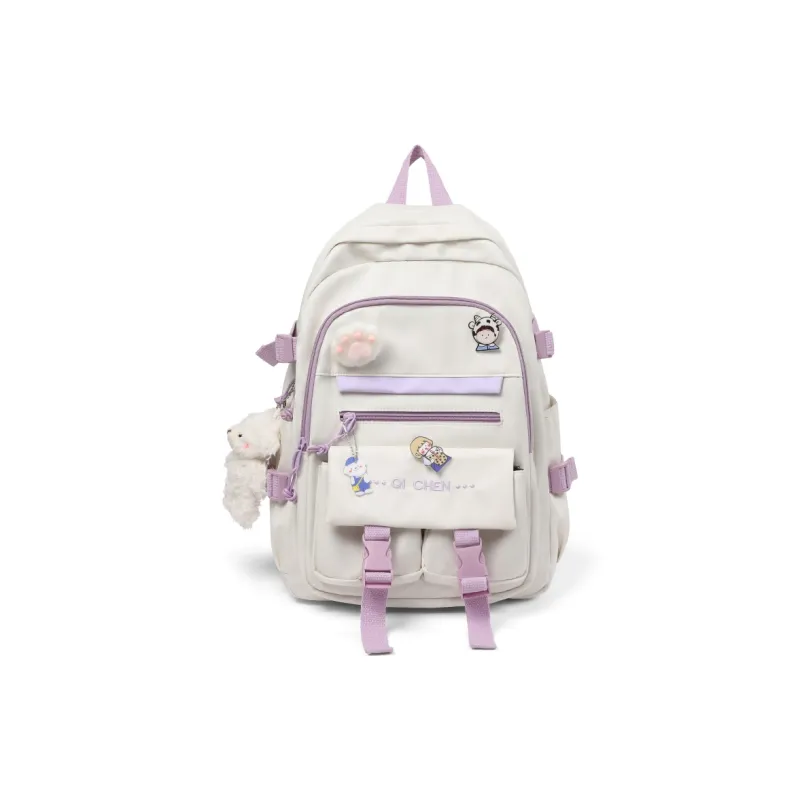 Kevin Cohen Nylon Fabric Backpack Travel Bag Regular Unisex Ecru & Purple/Black/Pink-0