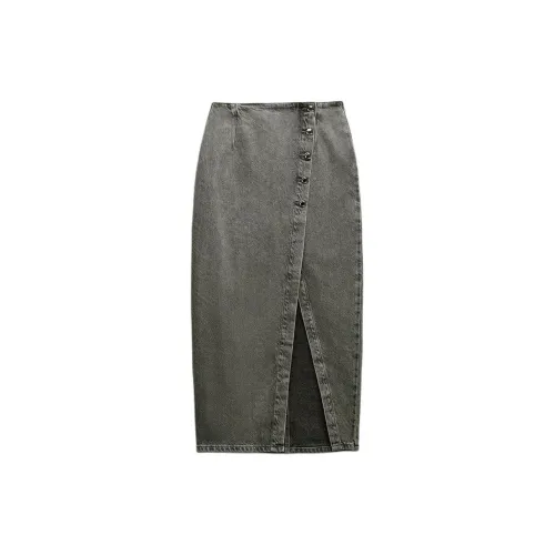 ZARA Denim Long Skirts Women's Gray