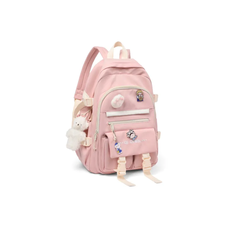 Kevin Cohen Nylon Fabric Backpack Travel Bag Regular Unisex Ecru & Purple/Black/Pink-8