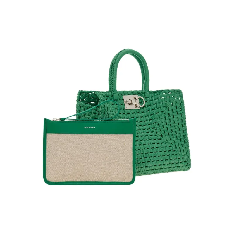 FERRAGAMO Studio Woven Raffia Handbag Medium Size Women's Green-1