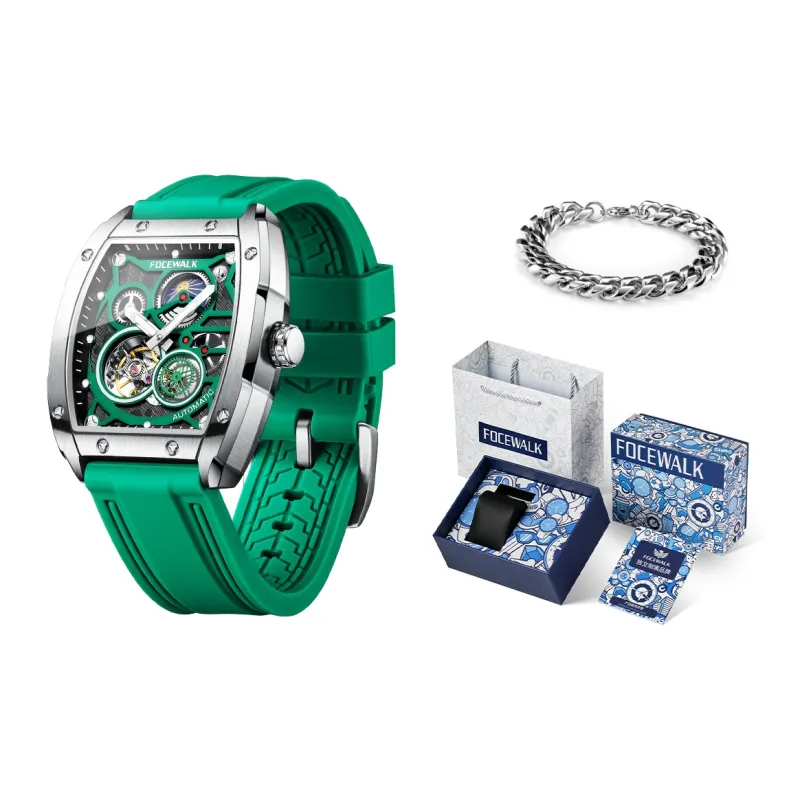 FOCEWALK Three Kingdoms Cao Wei Mechanical Movement Stainless Steel Watchband Watch Men's Watches Green Dial-9