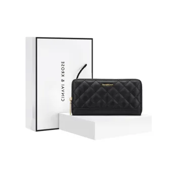 CinvaiKrose Calfskin With Microfiber Chanel Inspired Coin Purse, Clutch Wallet Women's Black