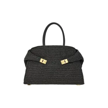 FERRAGAMO Raffia Fiber Product Calfskin Shoulder Bag, Crossbody Bag, Handbag Medium Size Women's Black