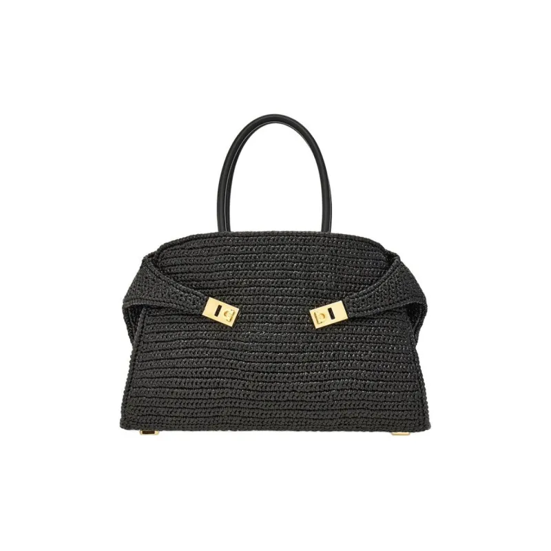 FERRAGAMO Raffia Fiber Product Calfskin Shoulder Bag, Crossbody Bag, Handbag Medium Size Women's Black-0