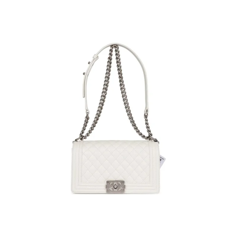 CHANEL Caviar Leather Shoulder Bag, Crossbody Bag Medium Size Women's White-1