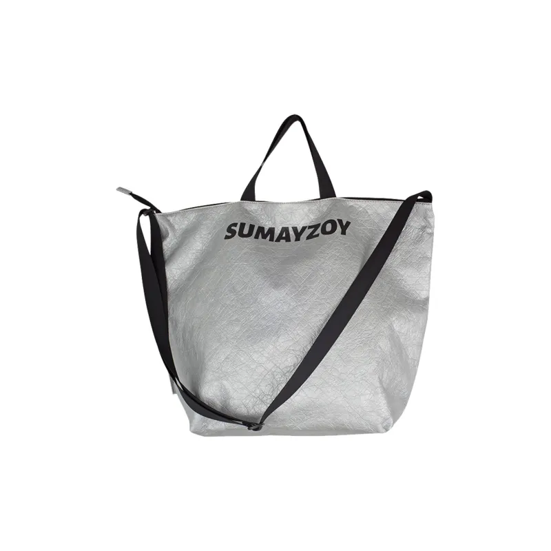SUMAYZOY DuPont Paper PE Polyethylene One Shoulder Handbag Large Size Unisex Lightning Silver/Black-0
