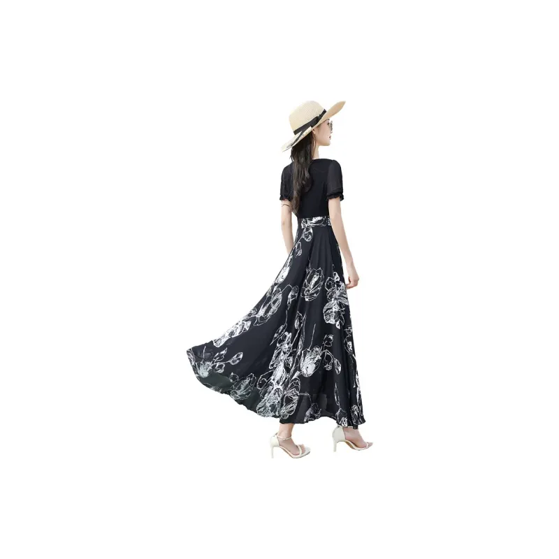Cypress House Short Sleeved Dress Women's Black Top And Black Bottom With White Floral-1