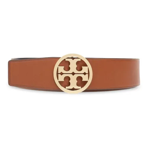 TORY BURCH Logo Design Smooth Buckle Calfskin Leather Belts Women's Brown Width 4.5CM