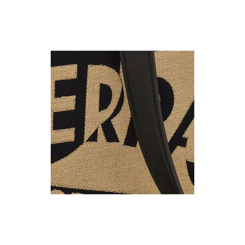 FERRAGAMO Raffia With Calfskin Tote Bag Shopping Bag Handbag Large Size Men's Black-4
