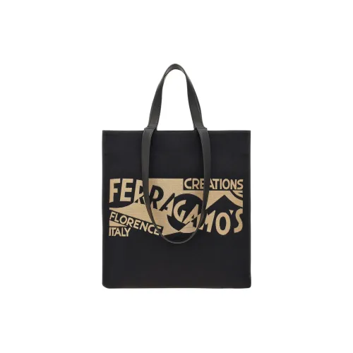 FERRAGAMO Raffia With Calfskin Tote Bag Shopping Bag Handbag Large Size Men's Black