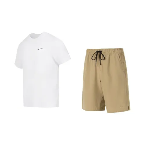 Nike Casual Sportswear Men White T-Shirts+Khaki Shorts