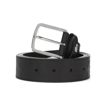 LACOSTE Letter Pattern Embossed Pin Buckle Leather Belts Men's Black Width 3.5CM
