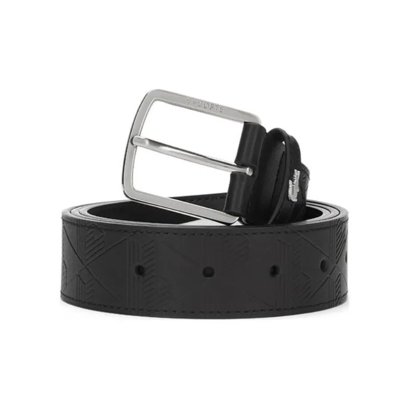 LACOSTE Letter Pattern Embossed Pin Buckle Leather Belts Men's Black Width 3.5CM-0