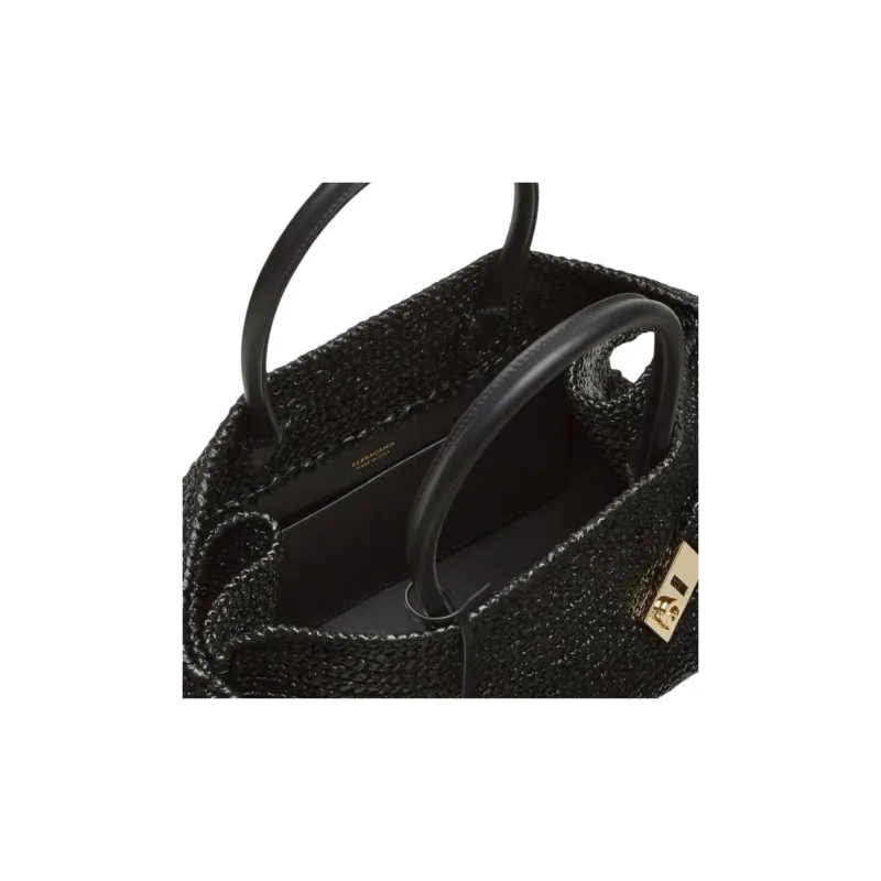 FERRAGAMO Raffia Fiber Product Calfskin Shoulder Bag, Crossbody Bag, Handbag Medium Size Women's Black-3