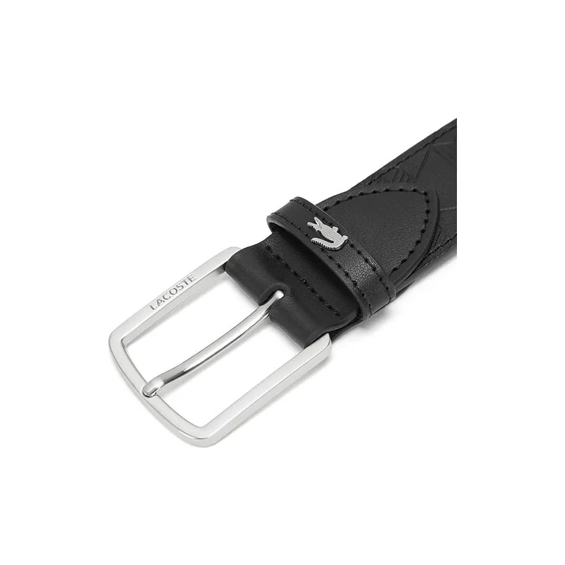 LACOSTE Letter Pattern Embossed Pin Buckle Leather Belts Men's Black Width 3.5CM-2