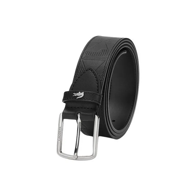 LACOSTE Letter Pattern Embossed Pin Buckle Leather Belts Men's Black Width 3.5CM-1