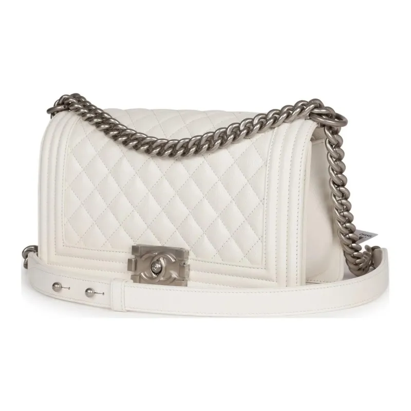 CHANEL Caviar Leather Shoulder Bag, Crossbody Bag Medium Size Women's White-3