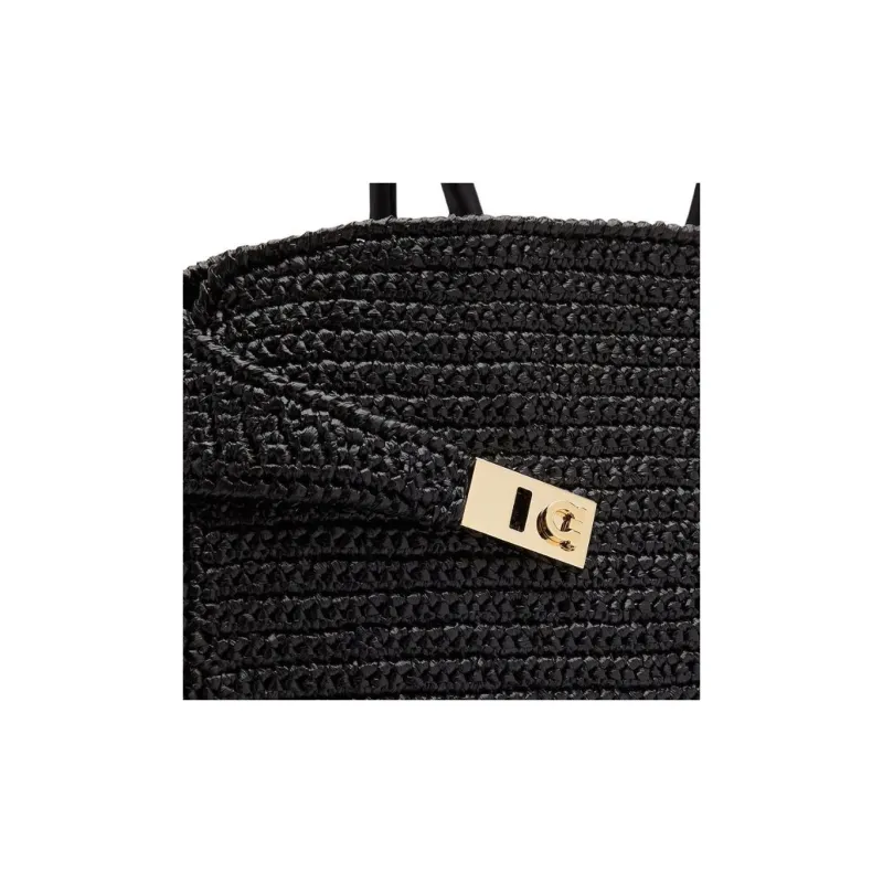 FERRAGAMO Raffia Fiber Product Calfskin Shoulder Bag, Crossbody Bag, Handbag Medium Size Women's Black-4