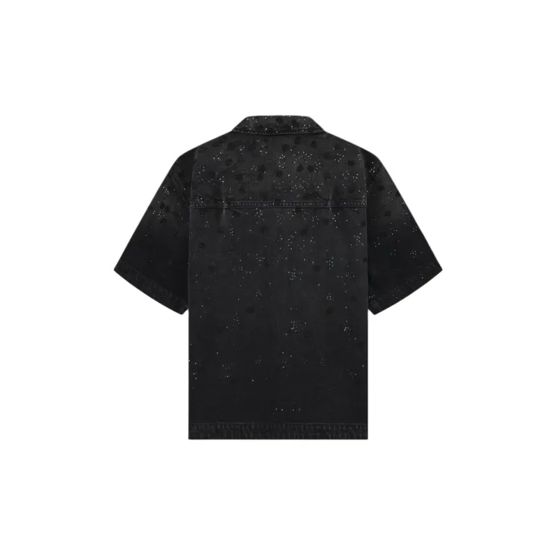 AMIRI Floral Crystal Denim Short Sleeve Shirt Shirt Men's Black-1