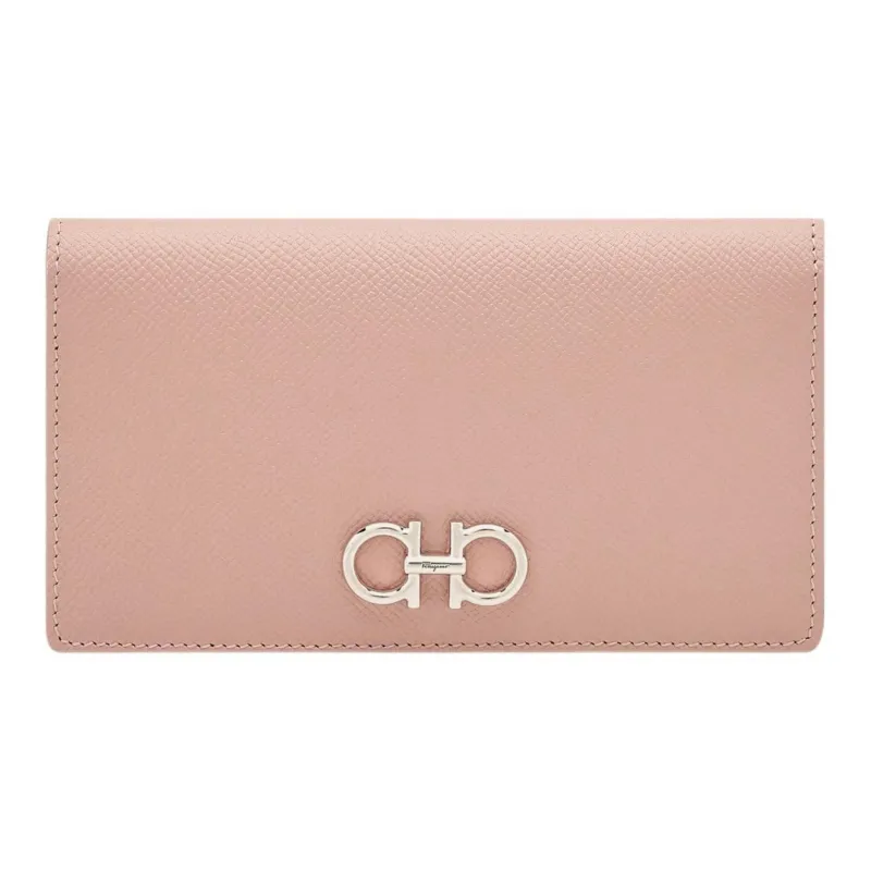 FERRAGAMO GANCINI Hammered Texture Calfskin Wallet Women's Blush Pink-0