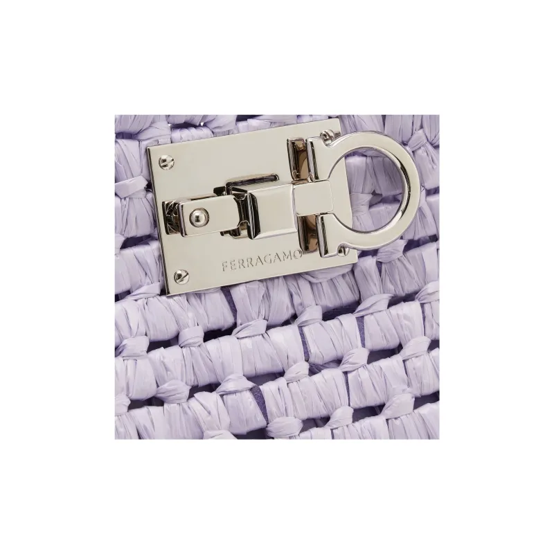 FERRAGAMO Studio Woven Raffia Handbag Medium Size Women's Lavender-5