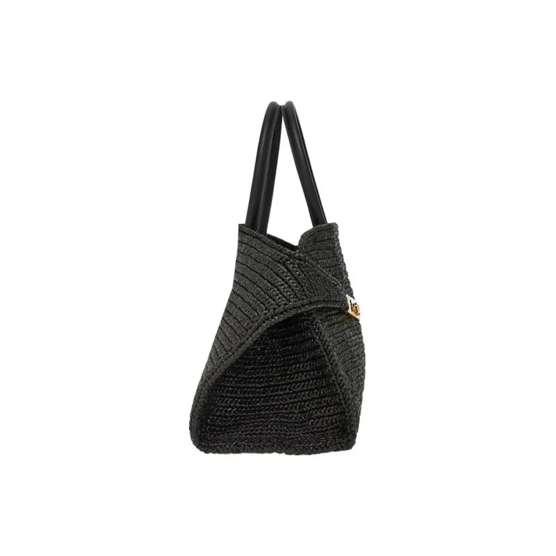 FERRAGAMO Raffia Fiber Product Calfskin Shoulder Bag, Crossbody Bag, Handbag Medium Size Women's Black-1