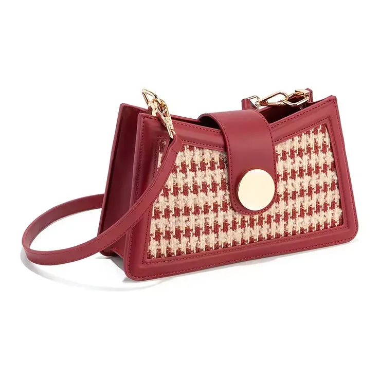 CLEVER& KETCH PU Wool Houndstooth Shoulder Bag Small Size Women's Red-1