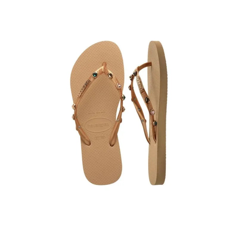 Havaianas Rhinestone Slip-Resistant Flip Flops Women's Gold-4