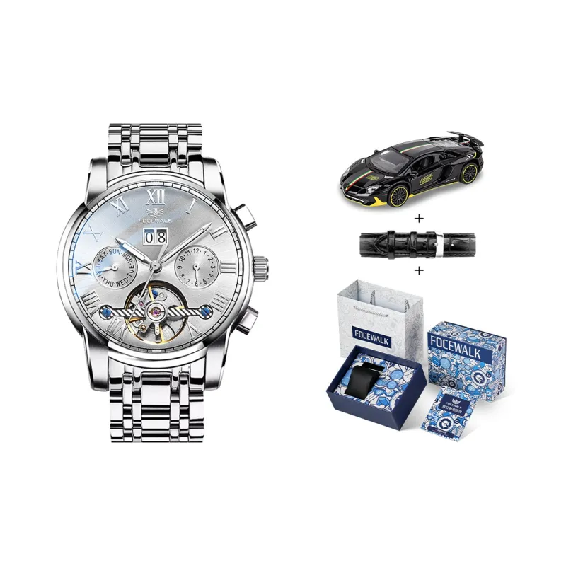 FOCEWALK Leader Collection Mechanical Movement Stainless Steel Watchband Watch Men's Watches Silver Dial-8