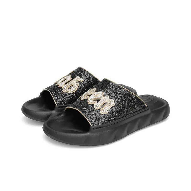 Cabbeen Rubber Sole Sequins Rhinestone Quick Dry Slide Slippers Men's Black-2
