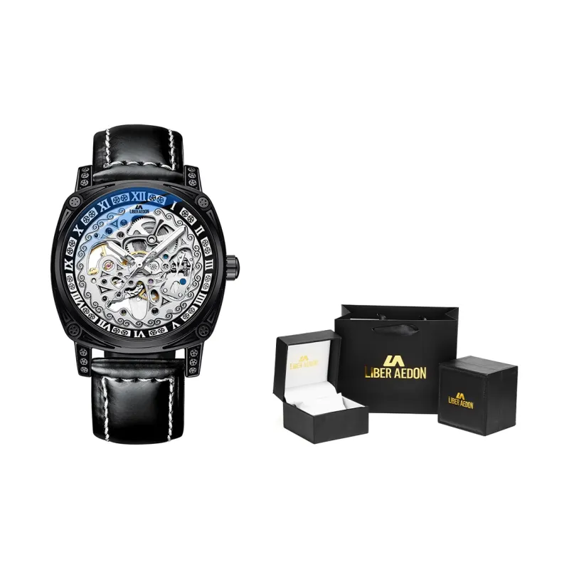 LIBER AEDON Automatic Mechanical Movement Genuine Leather Strap Black Dial Men's Watches-10