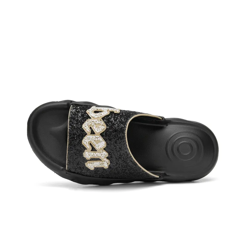 Cabbeen Rubber Sole Sequins Rhinestone Quick Dry Slide Slippers Men's Black-3