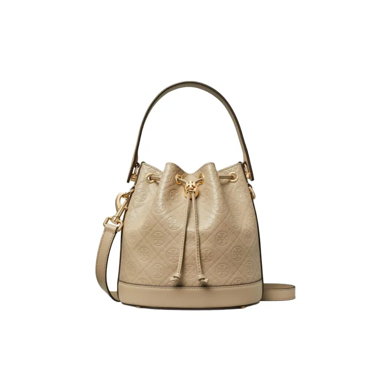 TORY BURCH T Monogram Embossed Leather Bucket Bag, Shoulder Bag, Crossbody Bag, Handbag Women's Khaki-0