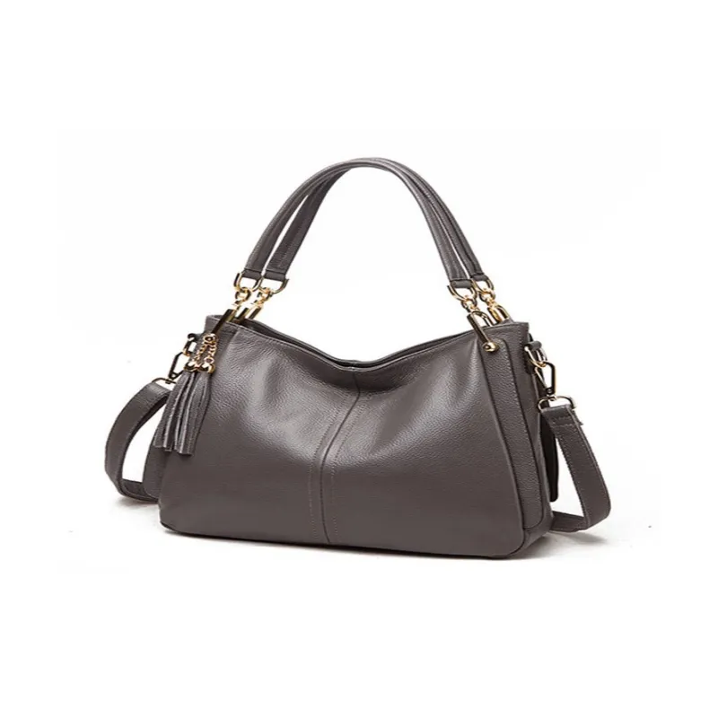 H YXIANG Cow Leather One Shoulder Handbag Women's Black/Gray-5
