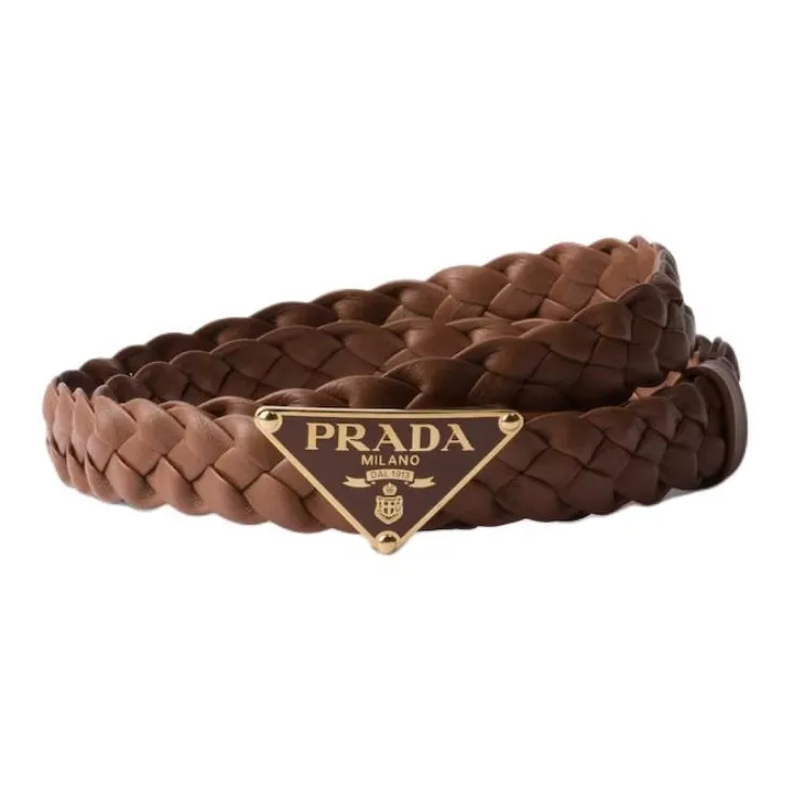 PRADA Woven Design Leather Belts Women's Brown Width 2.5CM-0