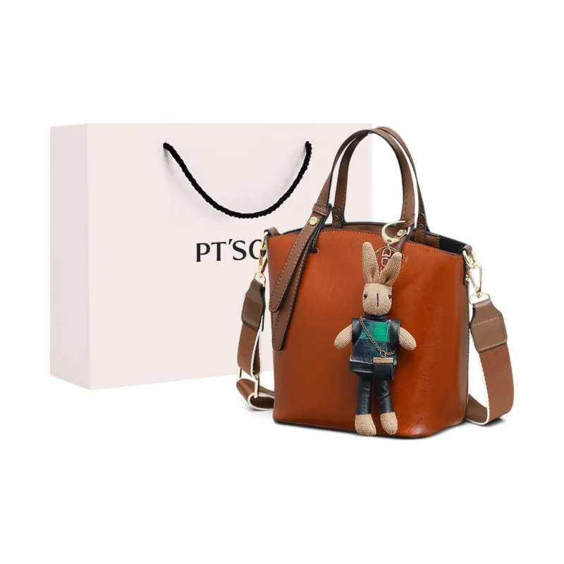 PT'SON Cow Leather Crossbody Tote Bag Bucket Bag Women's Vintage Brown-0