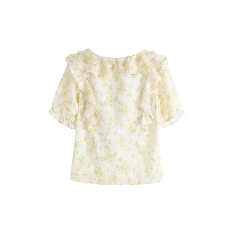 KUNZHUDAXIANG Summer Fashion Choice Shirt Women's Yellow Floral-1