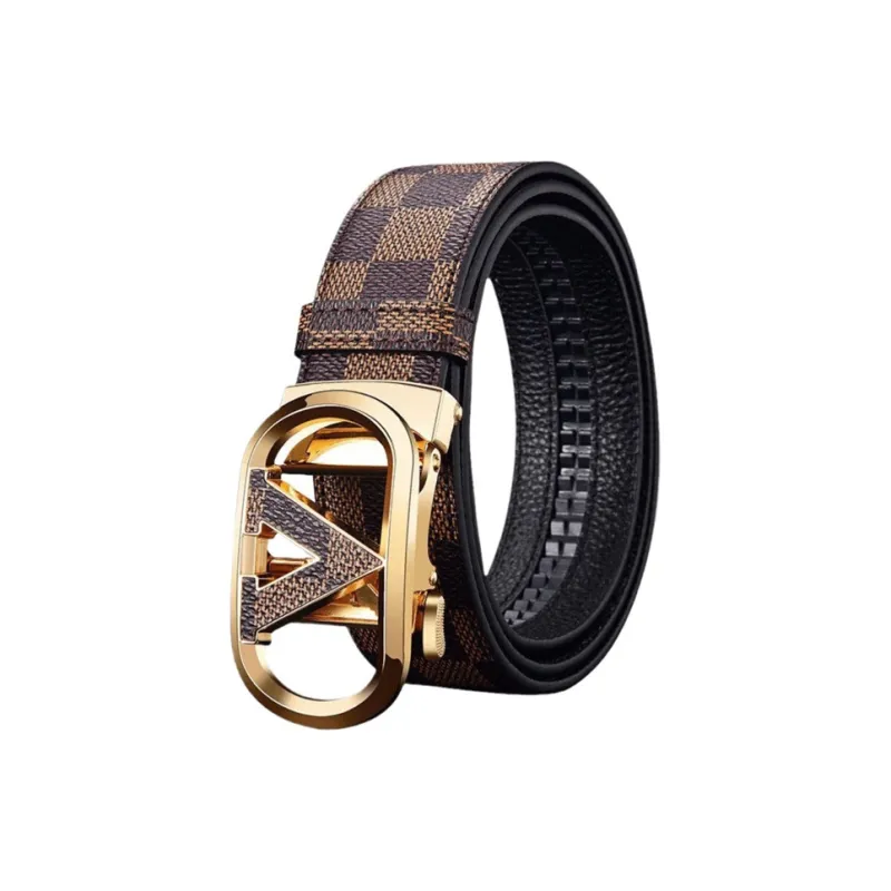 PISHUSHU Cow Leather Automatic Buckle Belt Men's Brown With Gold Buckle Black With Silver Buckle Width  3.5cm-0