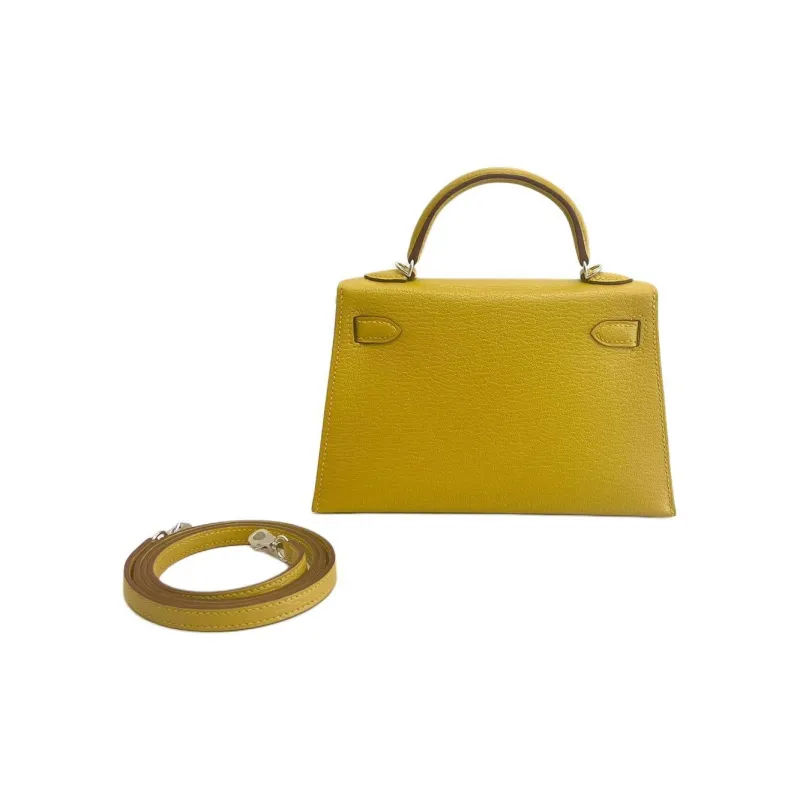 HERMES Kelly Goatskin Kelly Bag Shoulder Bag Crossbody Bag Handbag Mini Women's Amber Yellow With Beige Lining-3