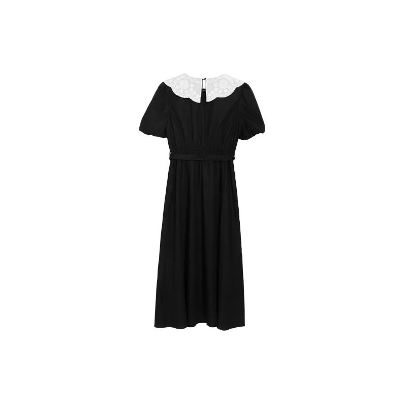 Fstudio Korean Style Elegance French Cinched Waist Lace Short Sleeved Dress Women's Black-1