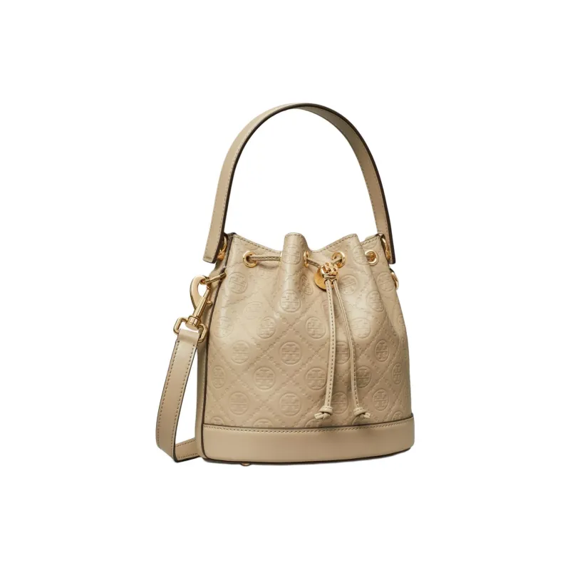 TORY BURCH T Monogram Embossed Leather Bucket Bag, Shoulder Bag, Crossbody Bag, Handbag Women's Khaki-1