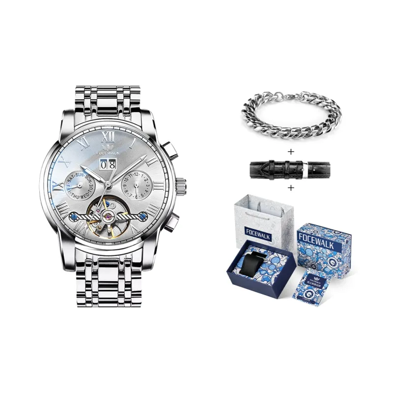 FOCEWALK Leader Collection Mechanical Movement Stainless Steel Watchband Watch Men's Watches Silver Dial-0