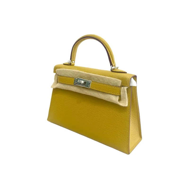 HERMES Kelly Goatskin Kelly Bag Shoulder Bag Crossbody Bag Handbag Mini Women's Amber Yellow With Beige Lining-2