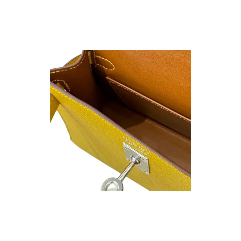 HERMES Kelly Goatskin Kelly Bag Shoulder Bag Crossbody Bag Handbag Mini Women's Amber Yellow With Beige Lining-5