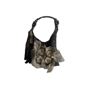 ALOENEY Silk Handbag, Shoulder Bag Small Size Women's Chinese Black/Grass Wood Color