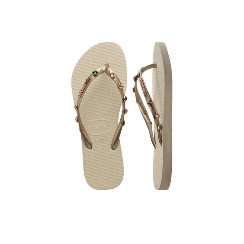 Havaianas Rhinestone Slip-Resistant Flip Flops Women's Beige-4